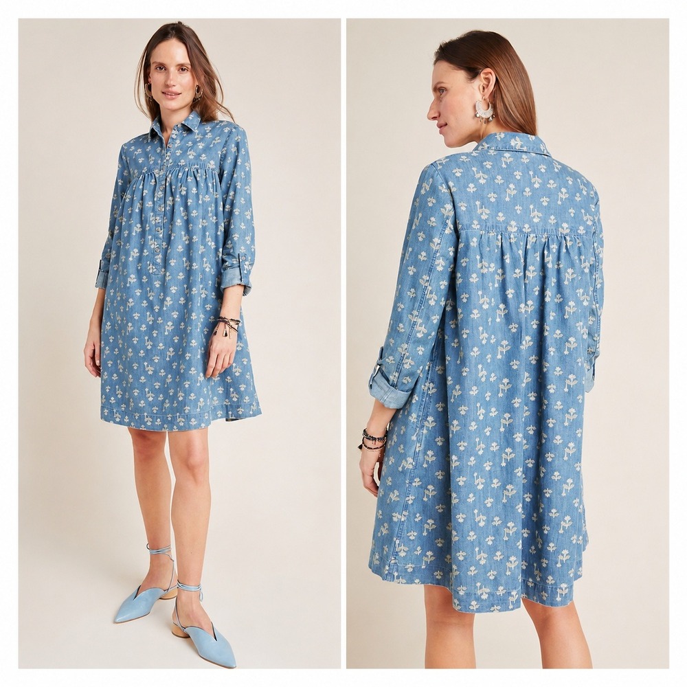 Anthropologie Rochelle Shirtdress Floral Chambray Pockets 8P Coastal Cottagecore